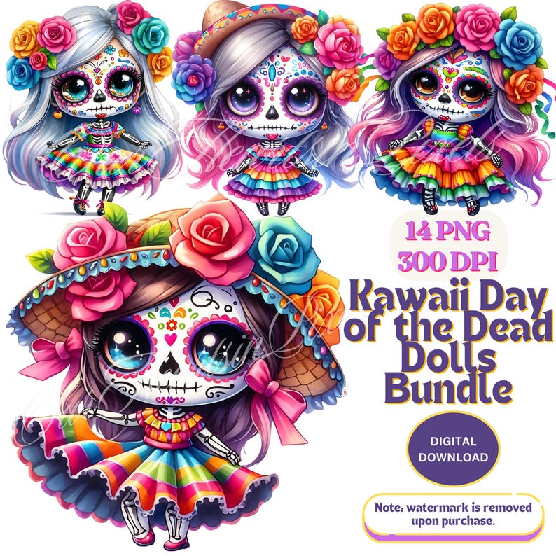 Kawaii La Catrina Day of the dead dolls 14 PNG Clipart Día de Los Muertos Clipart Sugar Skull, Mexican Halloween bundle. day-of-the-dead image 1