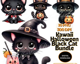 Paquete de 10 imágenes prediseñadas de gato negro kawaii de Halloween, PNG, 300 DPI, diseños PNG de temporada espeluznante, imágenes prediseñadas de gato negro, lindos gatos negros, PNG, gato en Halloween