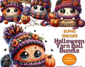Halloween Yarn Ball Clipart Bundle 11 PNG 300 DPI Watercolor Clipart Pumpkin Yarn Ball PNG Commercial Use Autumn Watercolor Crochet Graphics
