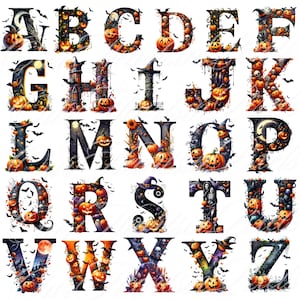 以下が含まれることがあります： ハロウィーンのアルファベット文字AからZまで、不気味なゴシック調で、かぼちゃをテーマにしています。各文字は、コウモリ、かぼちゃ、幽霊、その他のハロウィーンの要素で飾られています。