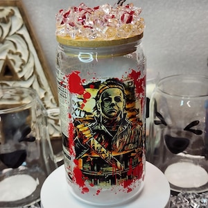 Halloween Horror Movie Character Glass Tumbler 16 oz Decorated Bamboo lid with glass Straw