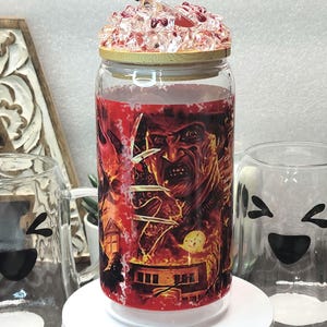 Horror Movie Characters Glass Tumbler with Bamboo Lid & Straw - 16 oz