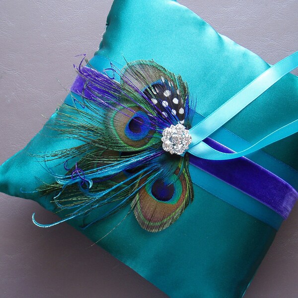 Peacock Ring Bearer Pillow TEAL PURPLE custom Feather modern