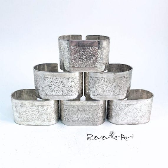 ヴィンテージシルバーメッキの刻印入りナプキンリング6個セット - Etsy