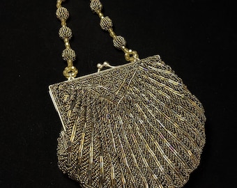 Victoria Jayne Beaded Evening Bag – Gunmetal Gold Hand-Embellished Clutch, Jewel Handle