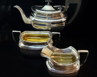 Vintage Art Deco silver plated tea set, tea pot, sugar bowl, milk jug