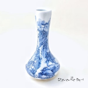 Vintage Japanese single flower vase with blue hand painted design.