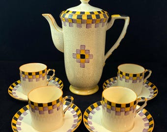 Vintage 1930er Jahre Crown Devon seltenes Art Deco Espresso Mokkatasse Kaffee Set für 4 Personen