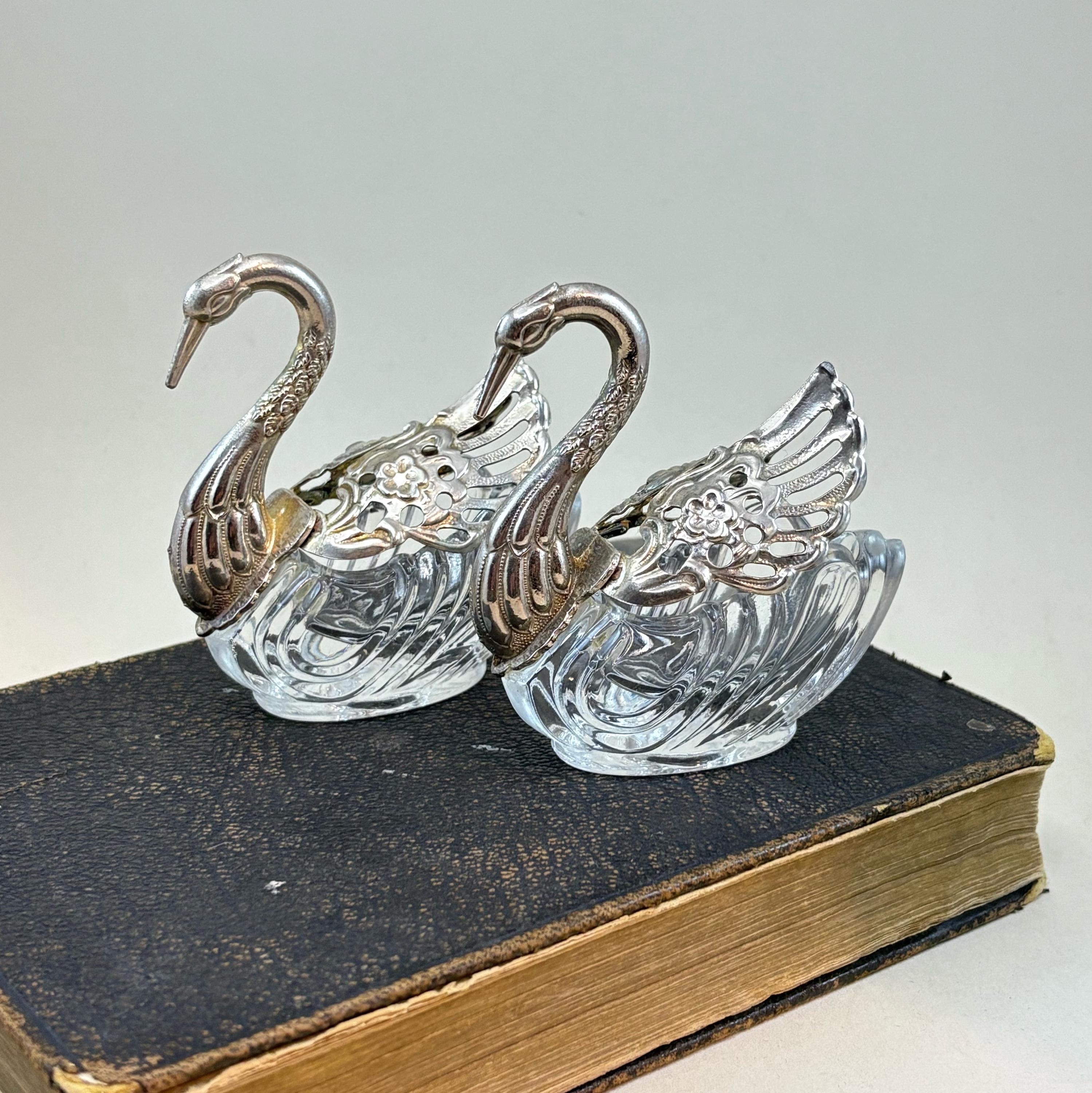 Vintage Silver Plated Crystal Swan Salt Cellars, Trinket Dishes