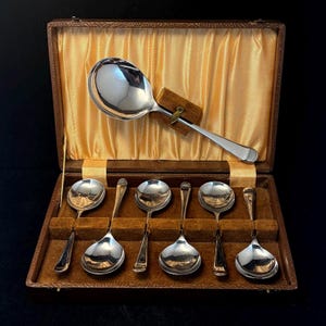 Può includere: Un set di cucchiai d'argento vintage in una custodia di pelle marrone con fodera in raso dorato. Il set include un grande cucchiaio da portata e otto cucchiai più piccoli. I cucchiai hanno una superficie lucida e riflettente.