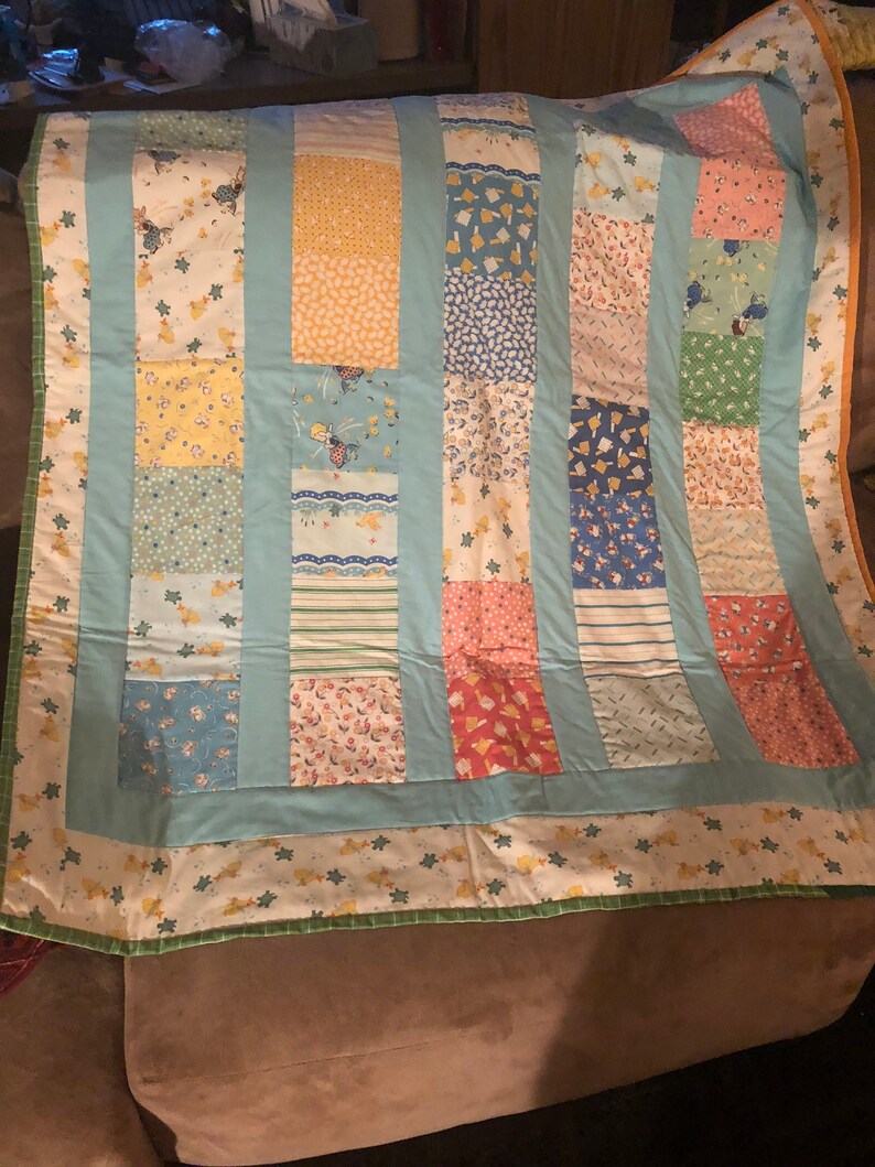 yellow blue shower gift Baby Blanket vintage replica gender neutral Handmade crib Quilt red and green