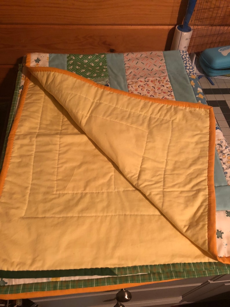 yellow blue shower gift Baby Blanket vintage replica gender neutral Handmade crib Quilt red and green