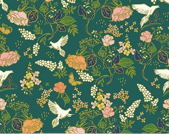 Organic Hummingbirds In the Garden, Dahlia Love, Green, Organic High Density Cotton, by Jennifer Moore for Windham Fabrics 53628-5