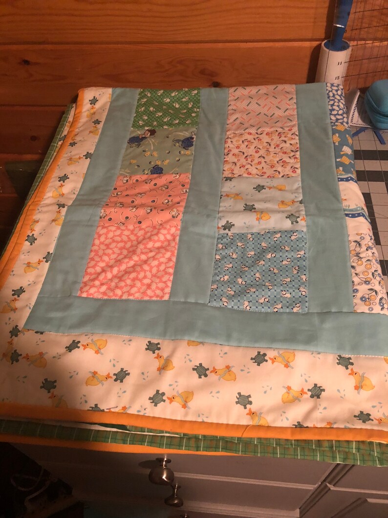 yellow blue shower gift Baby Blanket vintage replica gender neutral Handmade crib Quilt red and green