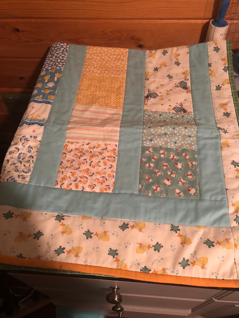 yellow blue shower gift Baby Blanket vintage replica gender neutral Handmade crib Quilt red and green