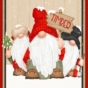 Christmas Fabric, FLANNEL Fabric, Gnome Fabric, Fabric Panel, Christmas Panel, Timber Gnomies, by Henry Glass, F9277-89P