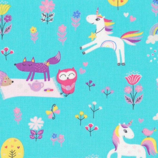 Unicorn Fabric, Floral Fabric, Rainbow Fabric, Unicorn Magic, Aqua Fabric, Pearlescent Fabric, Magical Forest, by Benartex, 9803P-04