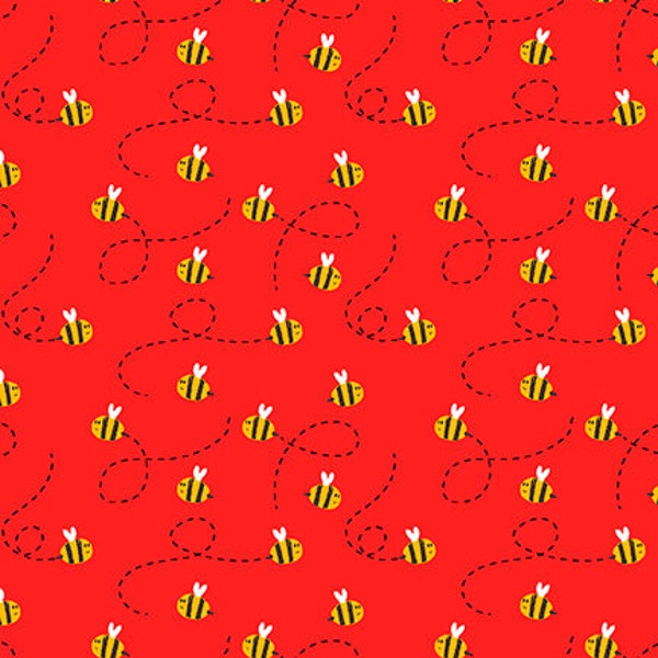 Bee Fabric, Red Fabric, Childrens Fabric, Numbers in the Jungle, Nursery Fabric, Tossed Bees on Red, by Henry Glass, 9249-88