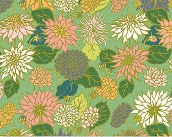 In the Garden, Dahlia Love, Green, Organic High Density Cotton, by Jennifer Moore for Windham Fabrics 53627-2 Green