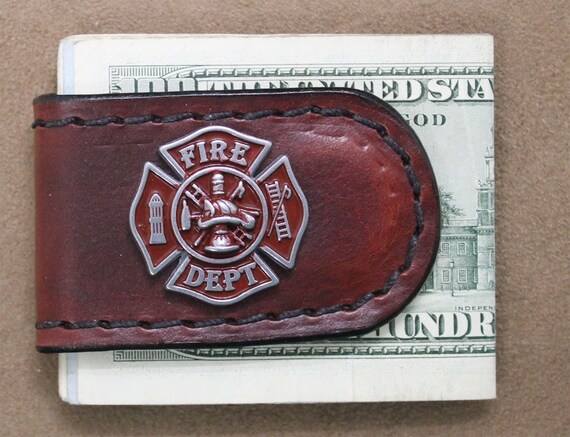 Handcrafted Brown Leather Money Clip With Fire Department Red Etsy - image 0