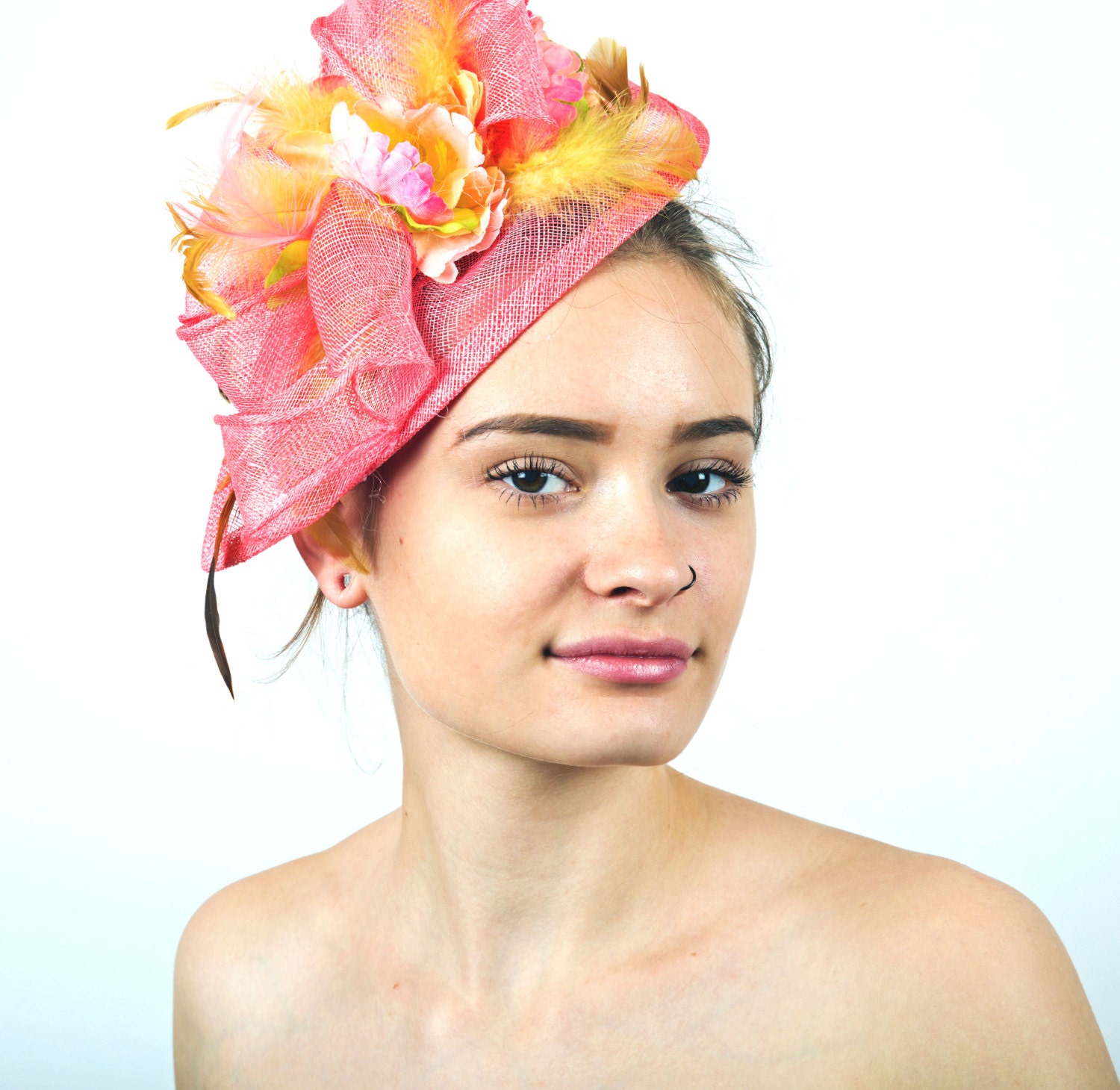 Coral fascinator pink coral fascinator hat pink yellow wedding Etsy