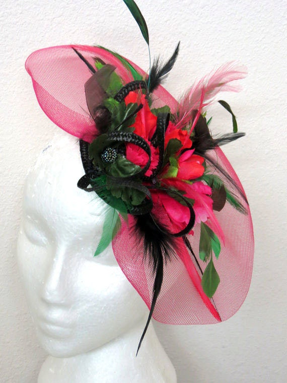 Fascinator Raspberry pink fascinator black green fascinator Etsy
