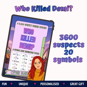 May include: A digital tablet displays a murder mystery logic puzzle titled Who Killed Demi? featuring 3,600 suspects and 20 symbols. The screen shows a cartoon illustration of a person with red hair and glasses, alongside text detailing the game.