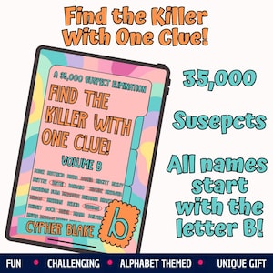 May include: A digital tablet display featuring a game titled Find the Killer With One Clue! Volume B. The screen shows a list of 35,000 suspects whose names all start with the letter B, with some names crossed out in red. The background has a colourful wavy pattern.
