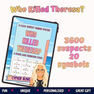 May include: A digital tablet displays a murder mystery puzzle titled Who Killed Theresa? featuring a 3,600 suspect symbol logic elimination game. The screen shows a list of suspects with associated icons, a blonde character illustration, and the author name Cypher Blake.