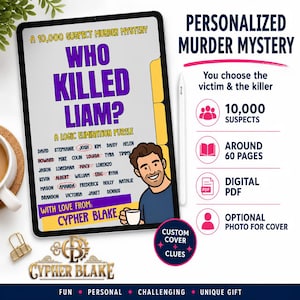 Może przedstawiać: Tablet cyfrowy wyświetla spersonalizowaną grę kryminalną zatytułowaną Who Killed Liam? A logic elimination puzzle. Ekran pokazuje listę imion z kilkoma przekreślonymi, rysunkową ilustrację mężczyzny oraz tekst With Love From: Cypher Blake.
