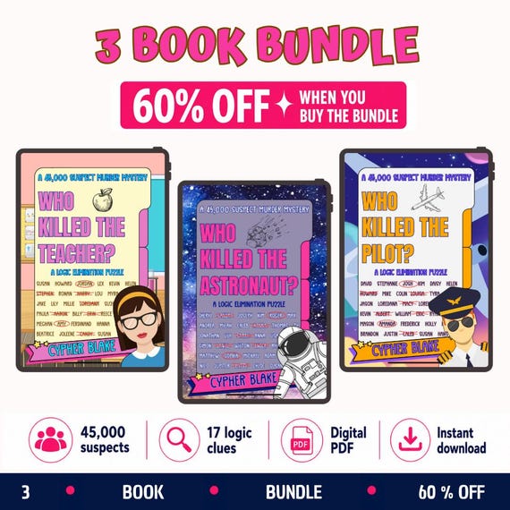 Murder Mystery Logic Puzzle Bundle PDF, 3 Printable Elimination Detective Games at 60% Off, iPad Puzzle Books, Digital Download Mystery Set