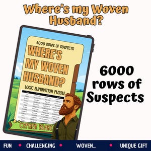 Peut inclure: Une tablette numérique affichant un puzzle d'élimination logique intitulé Where's My Woven Husband? avec 6000 rangées de suspects. L'écran présente une grille de noms et de lieux ainsi qu'une illustration d'un homme barbu avec des bretelles.