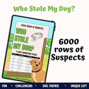 Peut inclure: Une tablette numérique affichant un puzzle d'élimination logique intitulé Who Stole My Dog? par Cypher Blake. L'écran présente une liste de 6000 rangées de suspects, un dessin de collier pour chien et une illustration de chien brun sur fond vert.