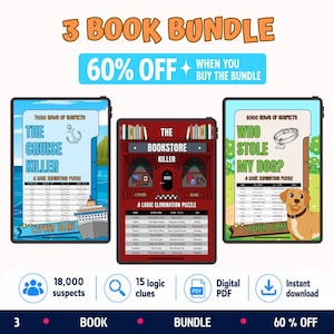 May include: A digital 3 book bundle featuring logic elimination puzzles titled The Cruise Killer, The Bookstore Killer, and Who Stole My Dog. Each book cover displays a unique theme, suspect lists, and the author name Cypher Blake.