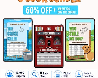 May include: A digital 3 book bundle featuring logic elimination puzzles titled The Cruise Killer, The Bookstore Killer, and Who Stole My Dog. Each book cover displays a unique theme, suspect lists, and the author name Cypher Blake.