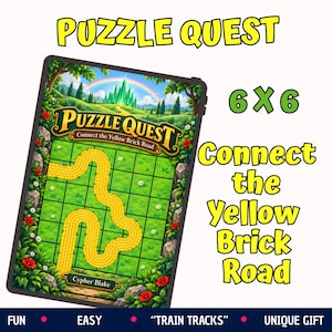 Puede incluir: Un tablero de juego Puzzle Quest con una cuadrícula de 6x6 y un camino de ladrillos amarillos. La ilustración muestra un paisaje verde, una ciudad esmeralda lejana y un arcoíris. El texto incluye Puzzle Quest, Connect the Yellow Brick Road y Cypher Blake.
