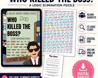 ¿Quién mató al jefe? Rompecabezas de lógica de misterio y asesinato en PDF, 45.000 sospechosos, juego de detectives imprimible, rompecabezas para iPad, regalo misterioso de descarga digital