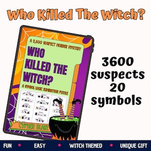 Pode incluir: Um jogo de mistério Who Killed The Witch com um quebra-cabeça lógico de 3.600 suspeitos. A capa exibe o título, uma lista de suspeitos com símbolos e um caldeirão preto com pernas listradas para fora. Texto: 3600 suspects 20 symbols.