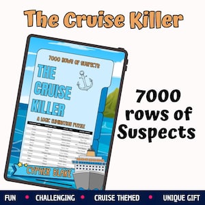 May include: A digital tablet displaying a logic elimination puzzle titled The Cruise Killer, featuring 7000 rows of suspects, a cruise ship illustration, an anchor icon, and the author name Cypher Blake, set against a blue ocean and island background.