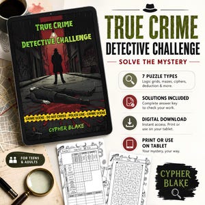 May include: A digital tablet displays the True Crime Detective Challenge cover with a detective standing over a body in a rainy alley. Beside it, printed puzzle pages show a logic grid and a maze. Text includes Solve the Mystery and Cypher Blake.