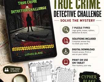 Könnte beinhalten: Ein digitales Tablet zeigt das Cover der True Crime Detective Challenge mit einem Detektiv, der in einer regnerischen Gasse über einem Körper steht. Daneben zeigen gedruckte Rätselseiten ein Logikgitter und ein Labyrinth. Text ist enthalten.