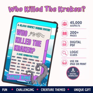Op de afbeelding: Een digitale tablet toont een moordmysterie logische puzzel getiteld Who Killed The Kraken? door Cypher Blake. Het scherm toont een lijst met namen waarvan er enkele zijn doorgestreept, een tentakelillustratie en iconen die 45.000 verdachten, 200+ pagina's, PDF-formaat, logische aanwijzingen en digitaal of printgebruik aangeven.