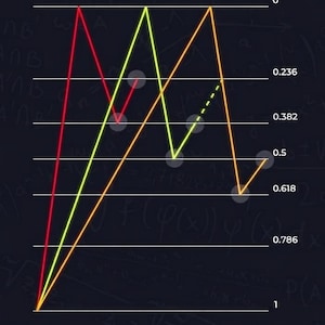 May include: A digital chart on a dark background featuring horizontal white lines labeled 0, 0.236, 0.382, 0.5, 0.618, 0.786, and 1. Three colored lines in red, yellow, and orange form zigzag patterns across these levels, with small gray circles marking specific points along the paths.