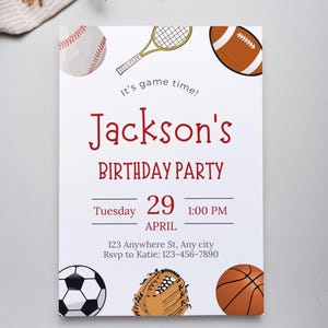 Editable Sports Birthday Invitation, Birthday Invite, Digital Template, Sports Balls Invitation, Boy Birthday, Instant Download, Printable