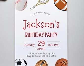 Editable Sports Birthday Invitation, Birthday Invite, Digital Template, Sports Balls Invitation, Boy Birthday, Instant Download, Printable