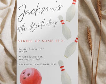 May include: White invitation card with the text "Jackson's 4th Birthday" and "Strike Up Some Fun". Features watercolor illustrations of bowling pins and a red bowling ball. Includes event details and RSVP information.