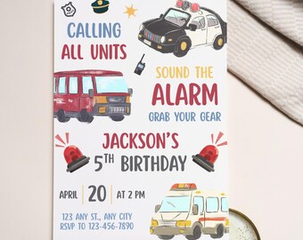 Emergency Vehicles Birthday Invitation, Editable First Responders Invite, Police, Firetruck, Ambulance, Calling All Units, Instant Download