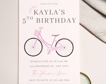Bicycle Birthday Invitation Template, Editable Bicycle Party Invite, Pastel Bicycle Invite, Vintage Bike Invite, Girl Bike, Instant Download
