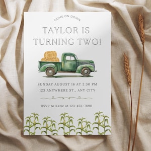 Farm Truck Birthday Invitation Template: Watercolor Vintage Design (Editable)