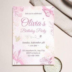 Mall för fjärilsfödelsedagsinbjudan, redigerbar fjärilsinbjudan, flickafödelsedag, fjärilsfest, blommig fjärilsinbjudan, direktnedladdning